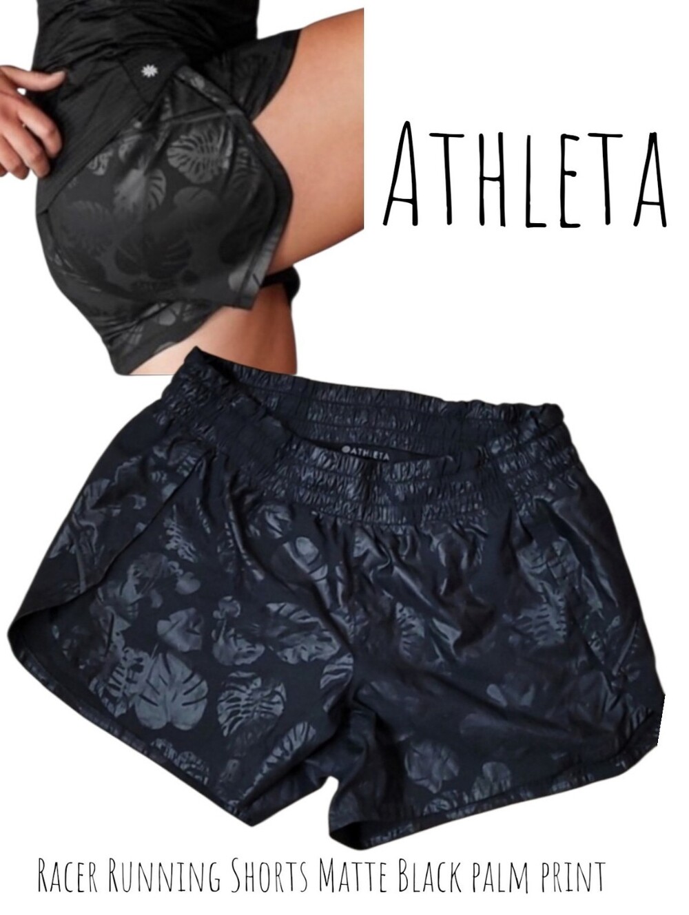 Athleta Women's Racer Running Shorts Matte Black palm print built-ins liner S